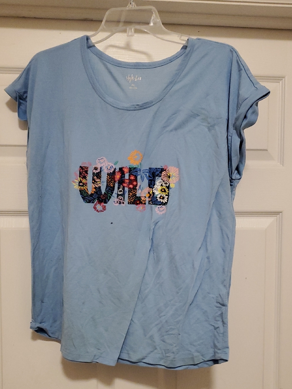 Style & Co. Light Blue Short Sleeve Tee with Floral 'WILD' Graphic